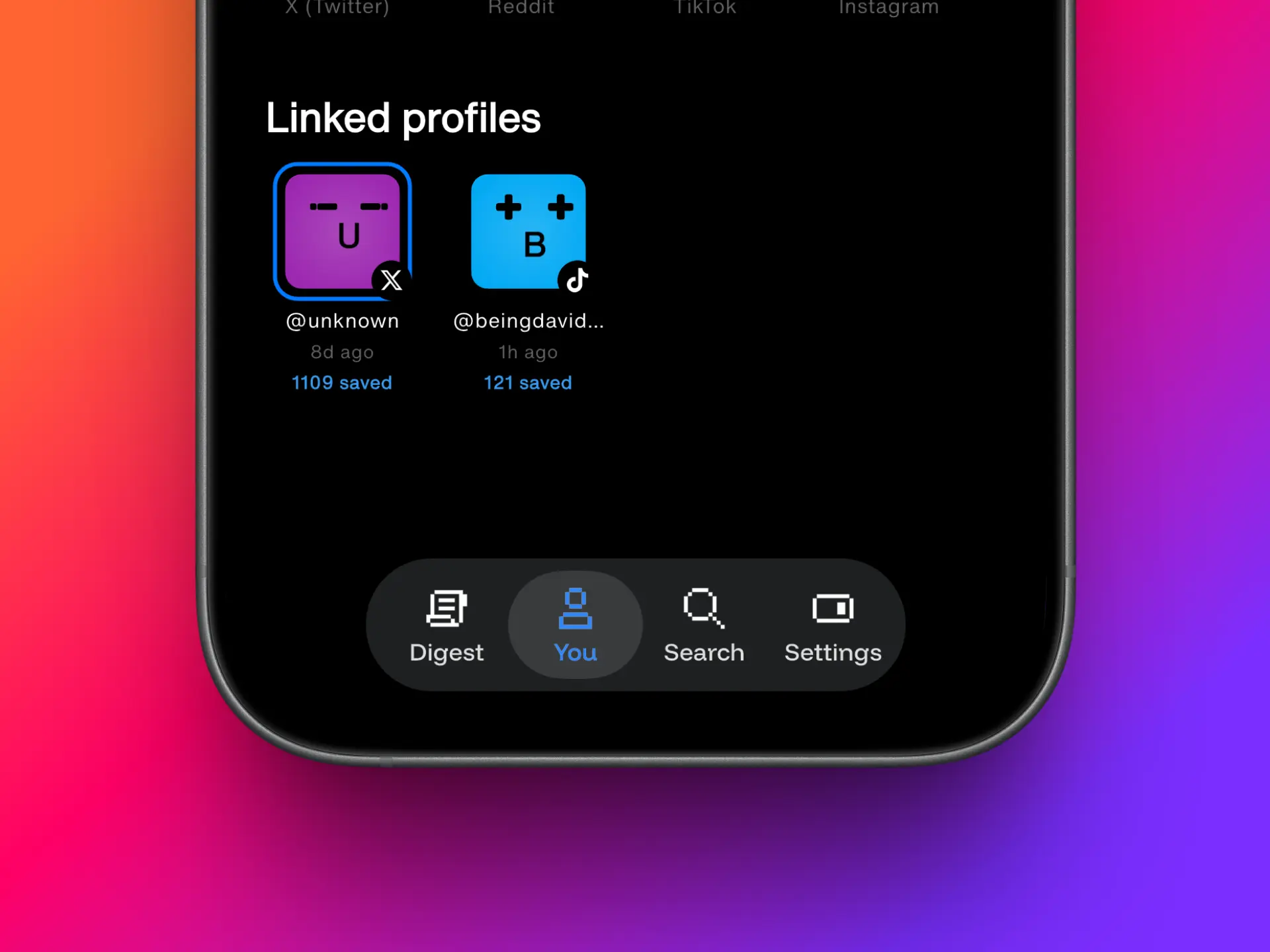 Siloe linked profiles screen showing integrated accounts from X, Reddit, and TikTok