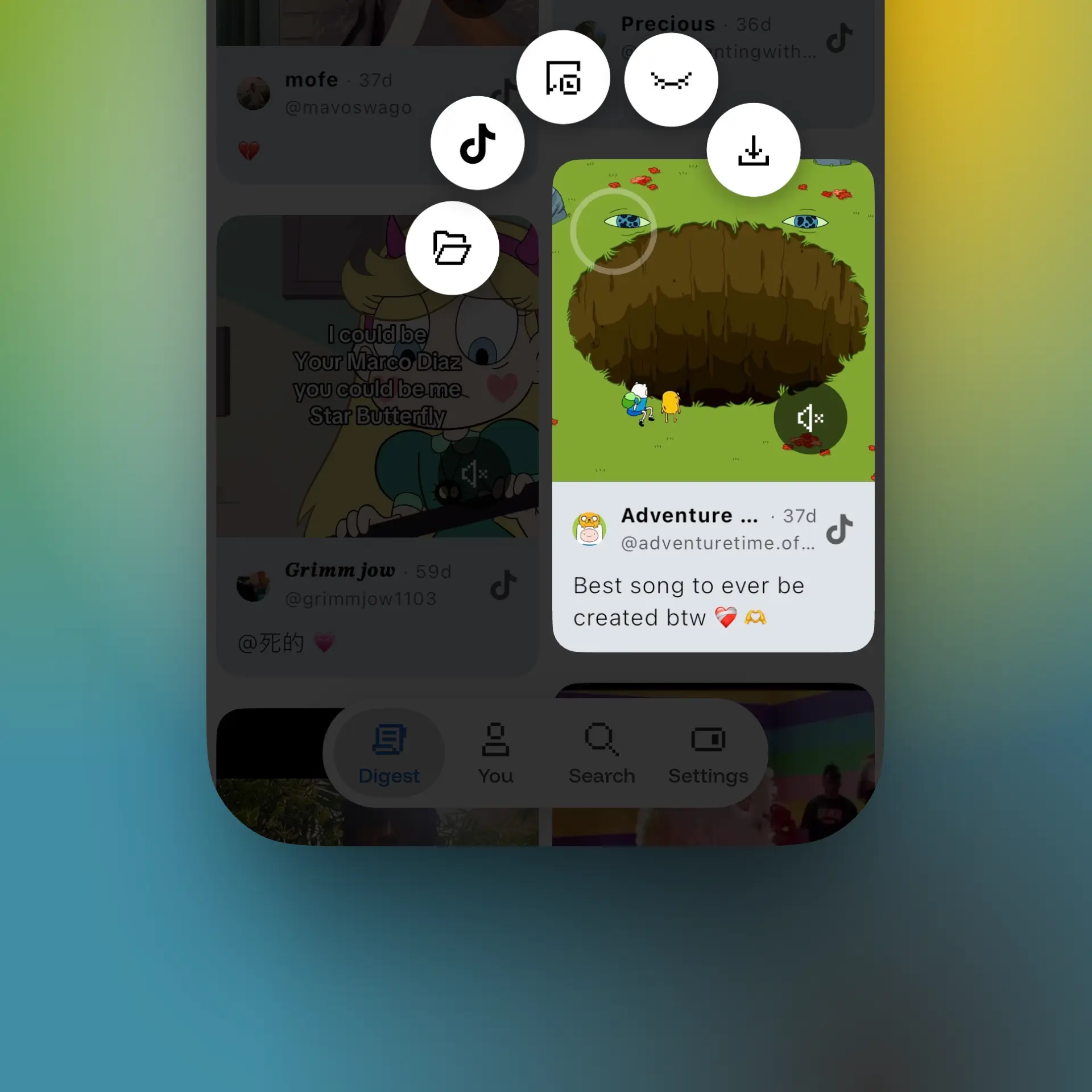 Siloe radial quick action menu allowing users to download or organize posts instantly
