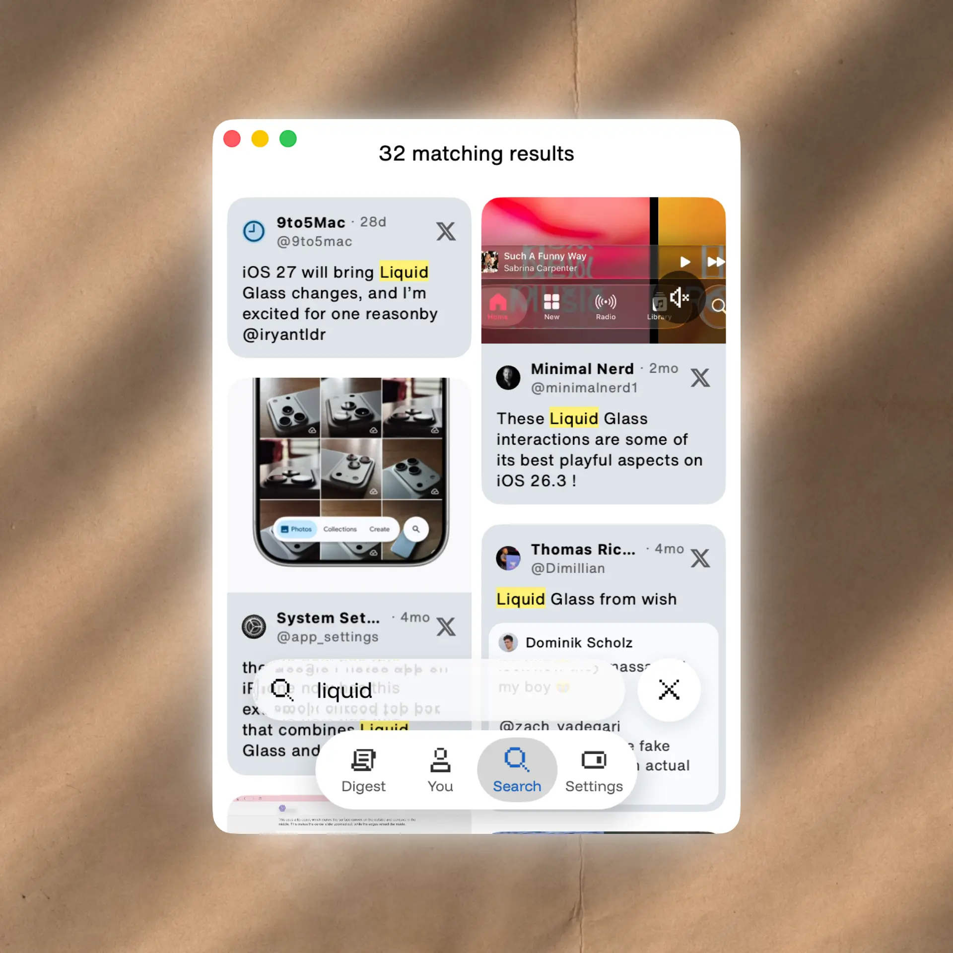 Siloe search interface showing cross-platform saved posts and indexed thumbnails